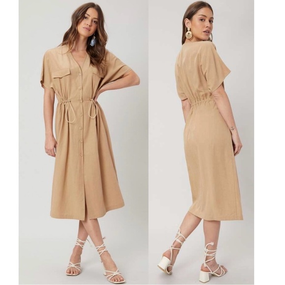 Mango Utility Drawstring Khaki Beige Mocha Brown Midi Linen Dress size S - Picture 2 of 11